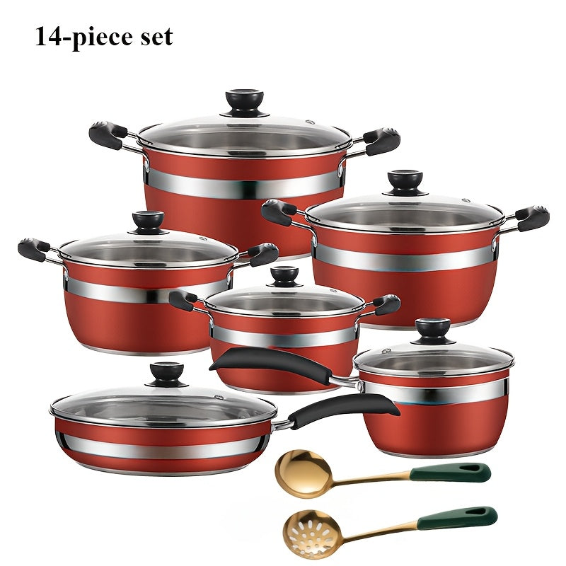 Set of 14 Stainless Steel Cookware Pieces - Suitable for Gas & Induction Cooking, Featuring Frying Pan and Stockpot - Ideal for Home Cooks or as a Gift