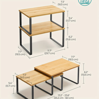 Pair of WONGIRL adjustable kitchen cabinet organizer shelves, stackable and expandable, made of metal and wood.