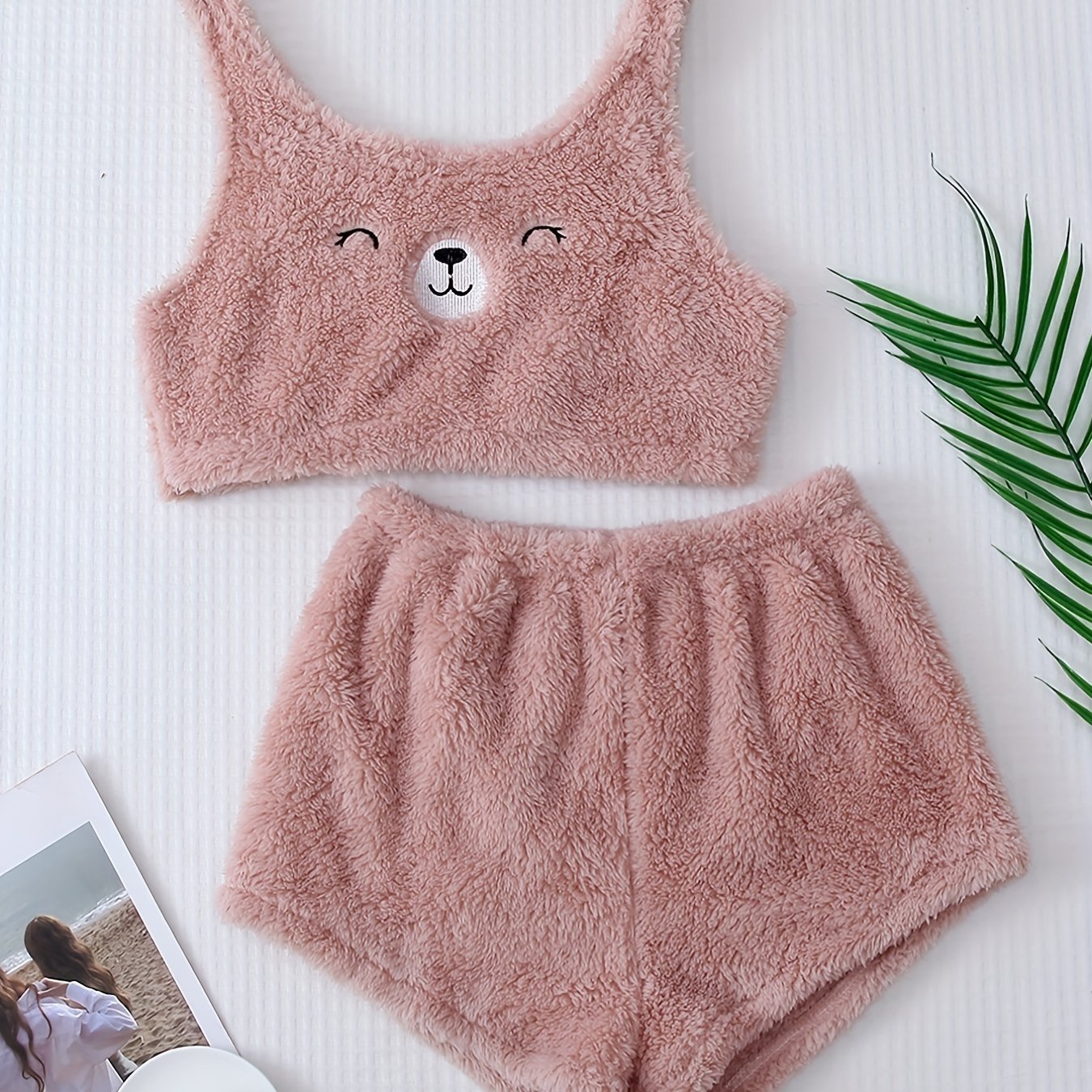 Fuzzy bear vest pajama set for women