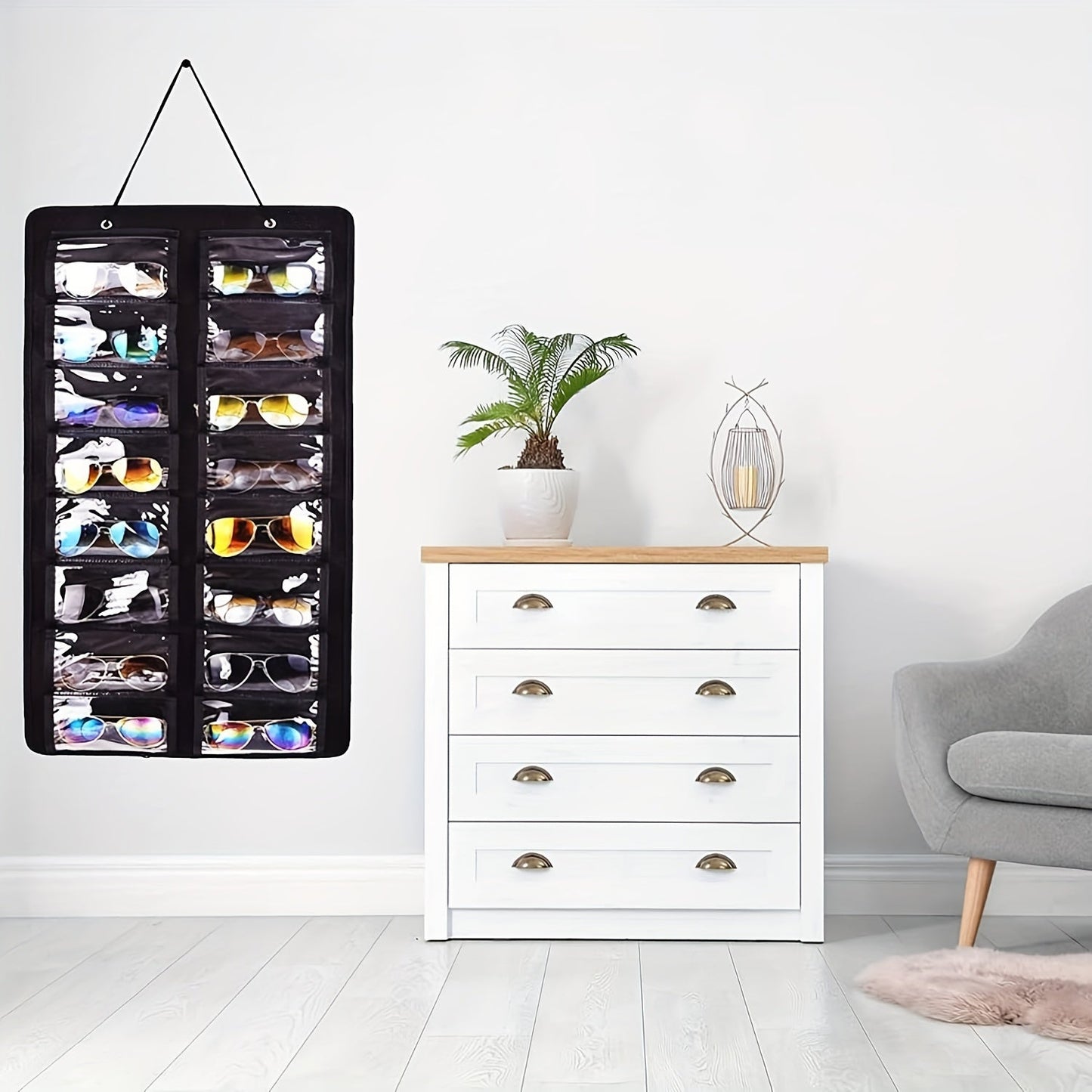 Get yourself the perfect solution for organizing your glasses with this 16-Slot Glasses Organizer. This hanging PVC wall pocket is dust-proof and includes a metal hook and sturdy rope for easy hanging. Ideal for storing women's fashion accessories, this