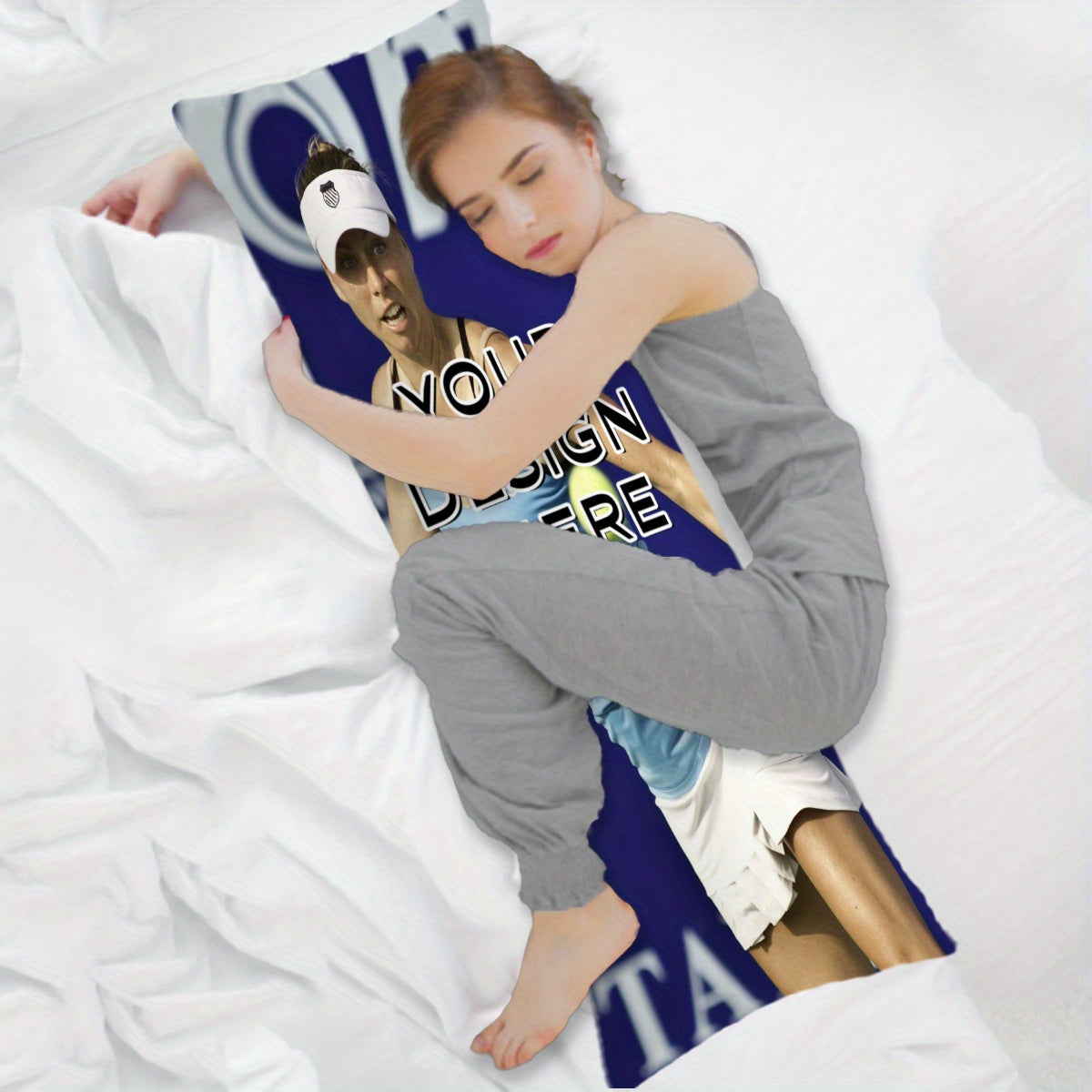 Long body pillow with custom picture and text, personalized pillowcase featuring idols, anime characters, or loved ones. Made of short plush material with double-sided printing. Does not include pillow core. Size: 50.8 × 137.16 cm.