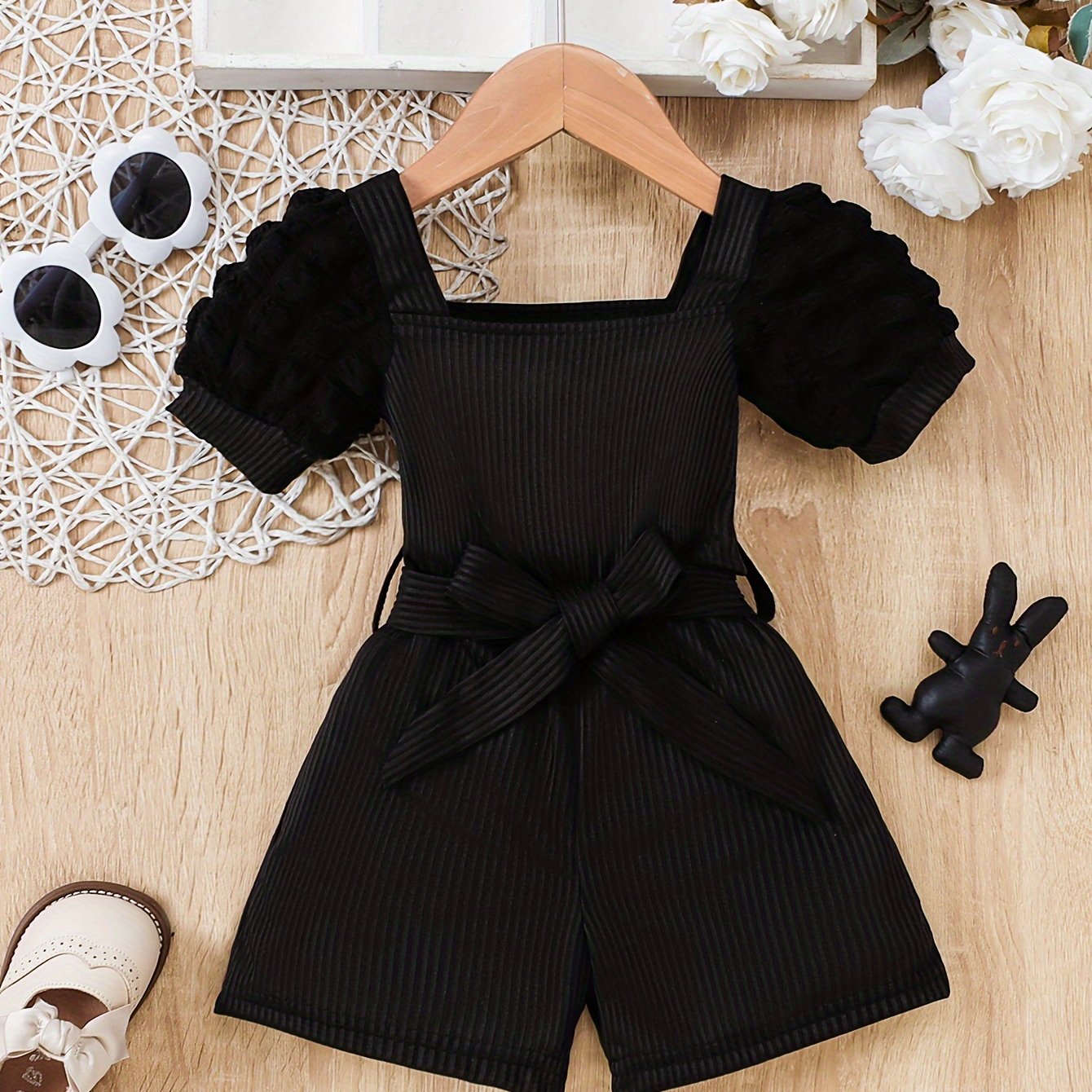 Chic short bubble sleeve romper with belt for Spring/Summer