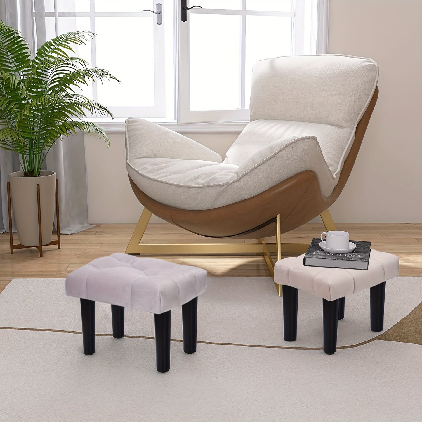 Rectangular Footstool Ottoman with Velvet-Lined Seat and Sturdy Solid Wood Legs - Perfect Additional Seating for Living Room, Entryway, or Office