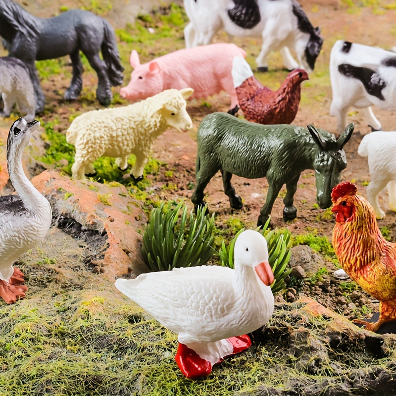 12-piece Farm Animal Figures Set for children aged 3-6, educational PVC miniature play animals featuring chickens, ducks, geese, horses, and cows for science and cognitive development.