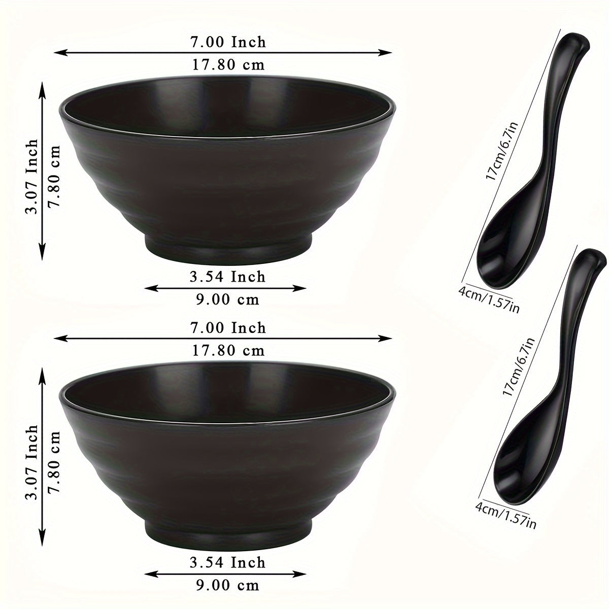 Набор из 2 черных полипропиленовых мисок для рамена с оригинальным дизайном, небьющиеся, безопасные для микроволновой печи и посудомоечной машины. Включает 2 ложки, идеально подходит для супа, закусок и хлопьев.