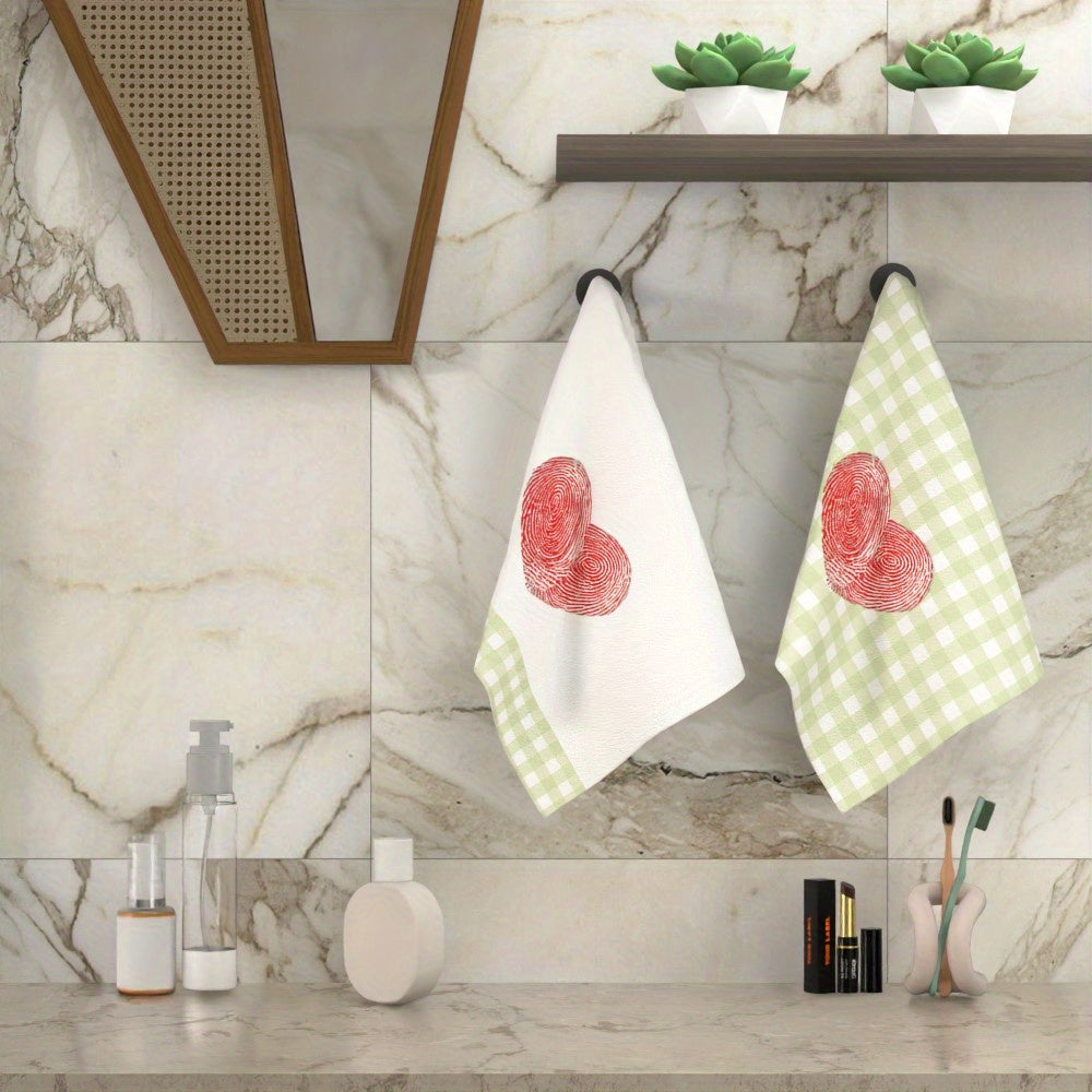 Get two Valentine's Day heart print tea towels with a modern fantasy theme in this 2-pack set. Each towel measures 45.72x66.04 cm and is made of super soft polyester. These towels are machine washable and feature long-lasting vibrant colors. They are