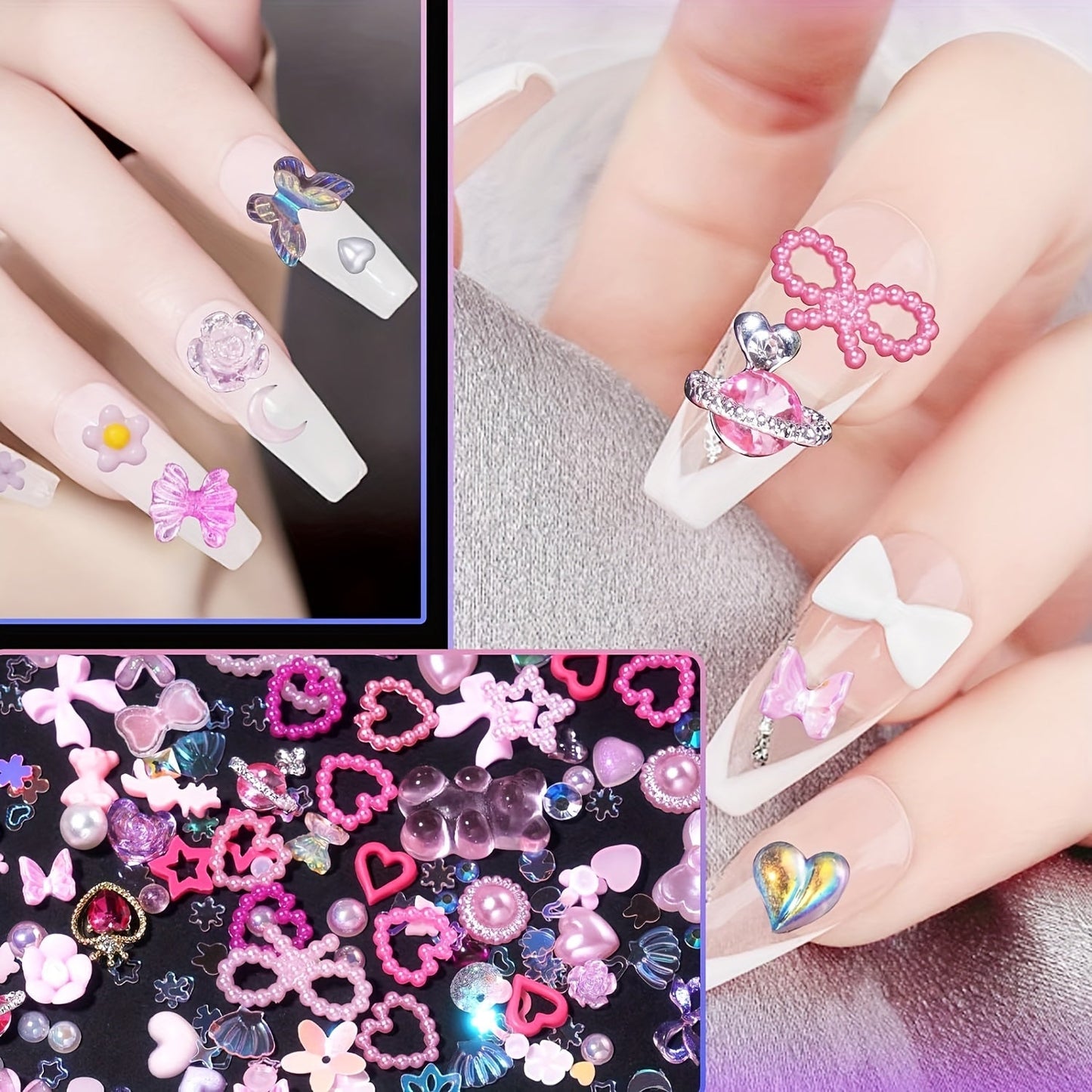 Adorable 3D Pink Nail Art Charms - Variety of Pearls, Gems, Hearts, Butterflies, Bows & Other Options for Creating Your Own Manicure and Jewelry Designs