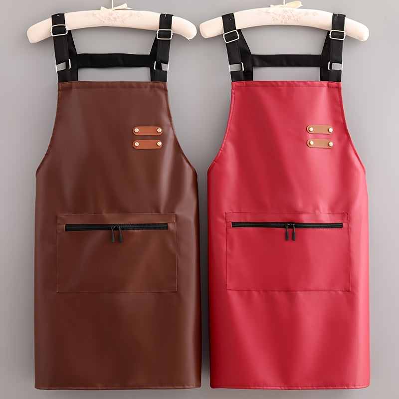 Single piece of imitation leather apron with adjustable straps, solid color, suitable for household use by chefs, waiters, barbecuers, and hairdressers. Includes pockets for adults.