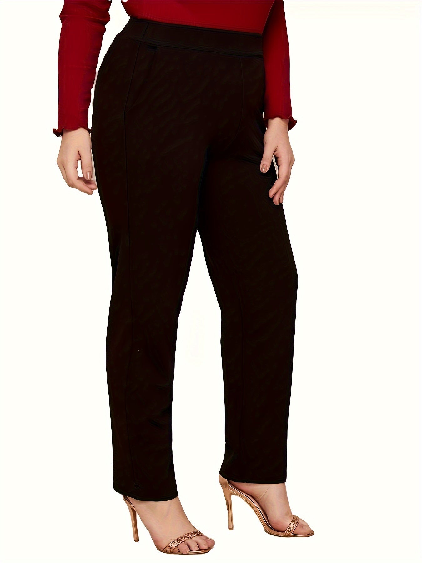 High-waisted, slim-fitting straight-leg pants for plus size, made of polyester with pockets. Ideal for Spring/Fall and machine washable.