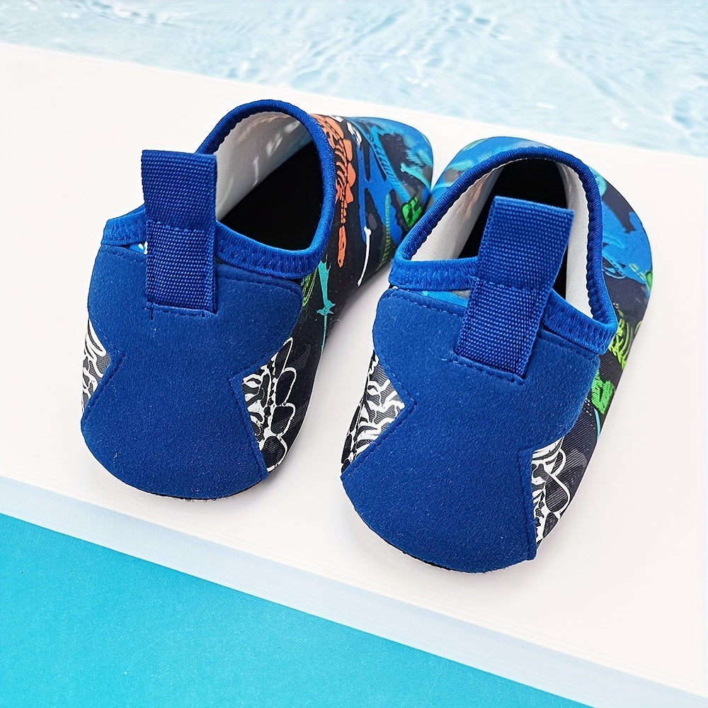 Toddler Boys Dinosaur Beach Shoes, Lightweight Water Shoes for Swimming and Surfing, in Black and Blue for Little Kids and Big Kids.