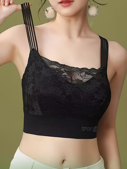 Stylish lace bra with V-neck and wireless design, perfect for women's lingerie.