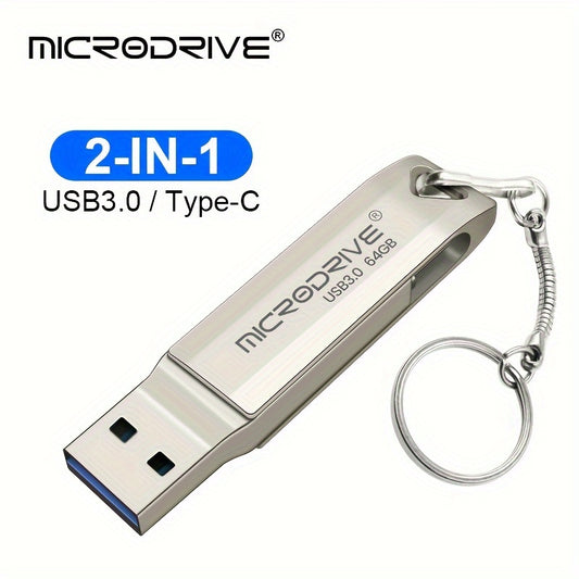 Microdrive Yuqori Tezlik 2in 1 OTG Type-C USB3.0 Flesh Disk 64GB va 128GB hajmida mavjud bo'lib, kalit halqasi uchun Type-C USB3.0 bilan ta'minlangan.