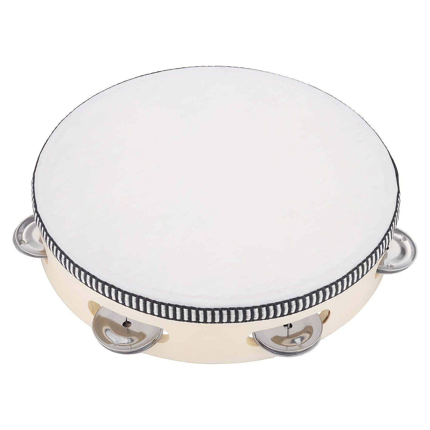 Beige Polyethylene Terephthalate Hand Held Tambourine with Metal Jingles, Educational Musical Gift for various occasions.