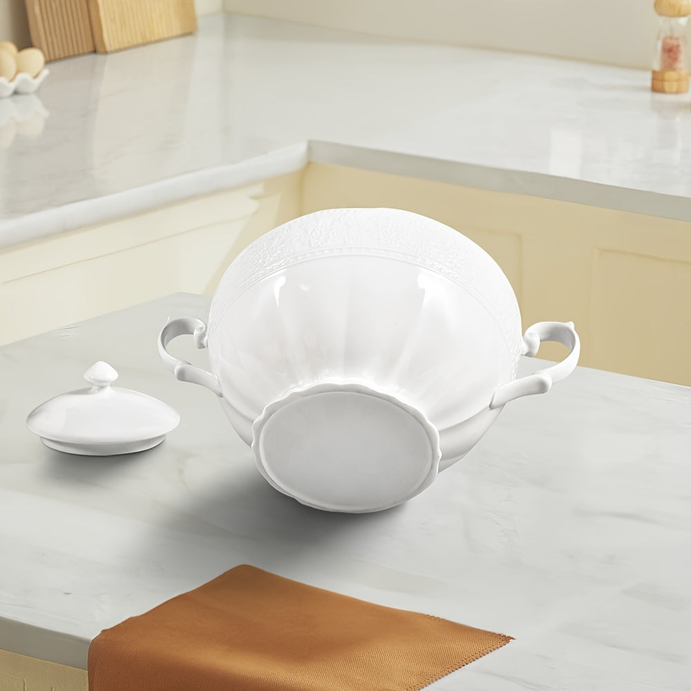 Beautiful White Ceramic Soup Tureen with Lid and Handle - Ideal for Use at Home, Restaurants, and Parties