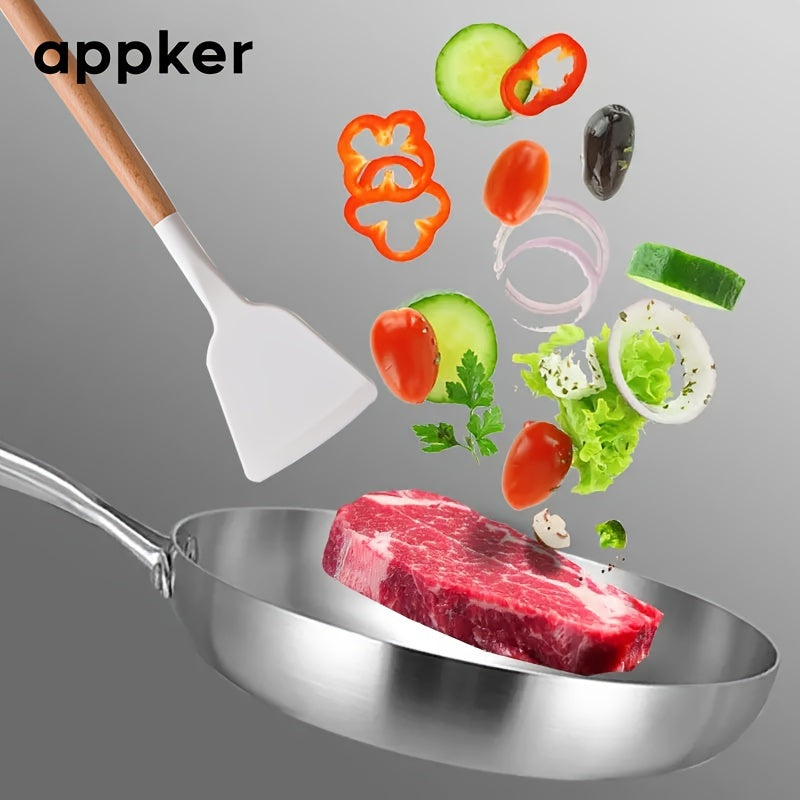 Appker presents a set of 2 non-stick frying pans with a silicone spatula included. Made of durable stainless steel, these pans are ideal for cooking steak and wok dishes. They are compatible with induction stoves, making them versatile for any kitchen.