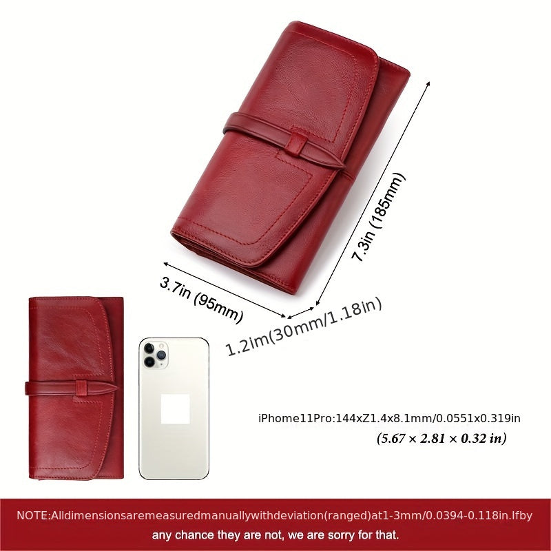 Red RFID blocking long clutch wallet with snap closure, zipper, coin pocket, and multiple card slots.