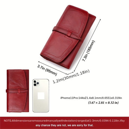 Red RFID blocking long clutch wallet with snap closure, zipper, coin pocket, and multiple card slots.