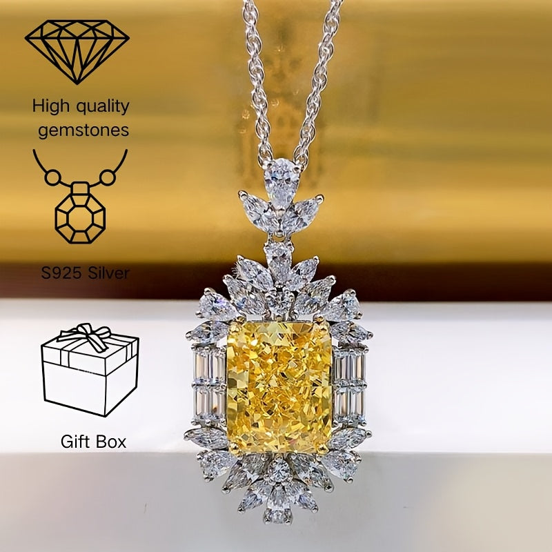 Sophisticated 925 Sterling Silver Pendant Necklace featuring a Radiant Cut Yellow Synthetic Gemstone and sparkling Cubic Zirconia accents. This uncoated piece is a glamorous addition to your everyday jewelry collection. A perfect Valentine's Day gift