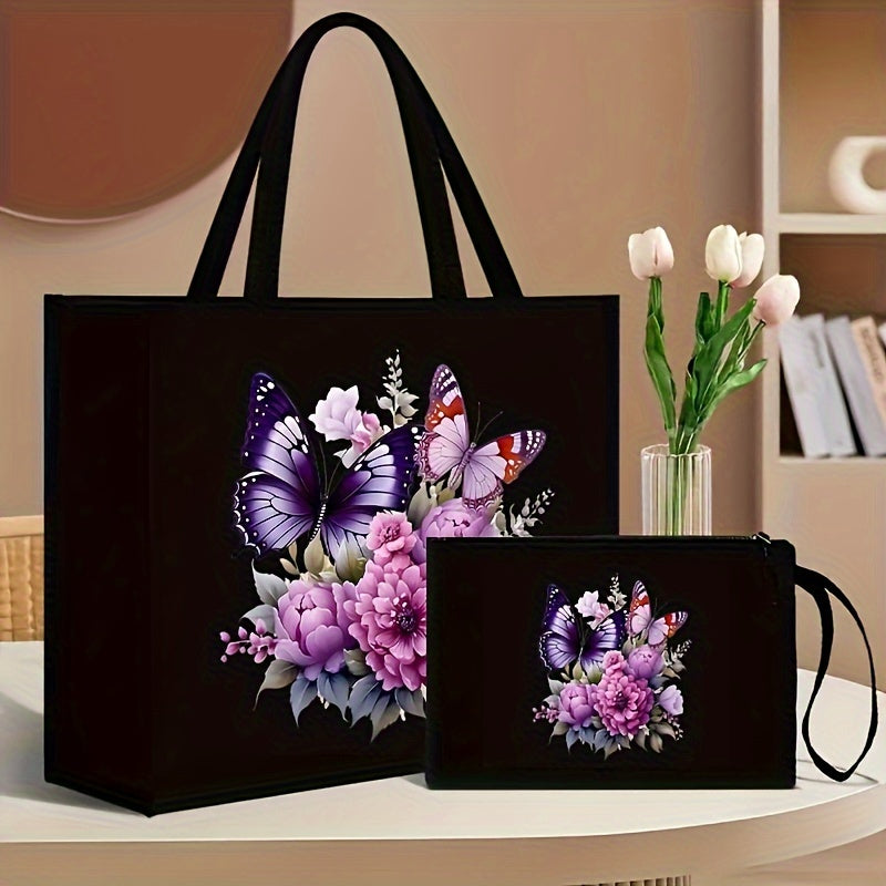 2-piece set consisting of a canvas tote bag with wallet, featuring butterfly and floral print, foldable and durable, fixed shoulder straps, polyester lining, kiss lock closure, geometric