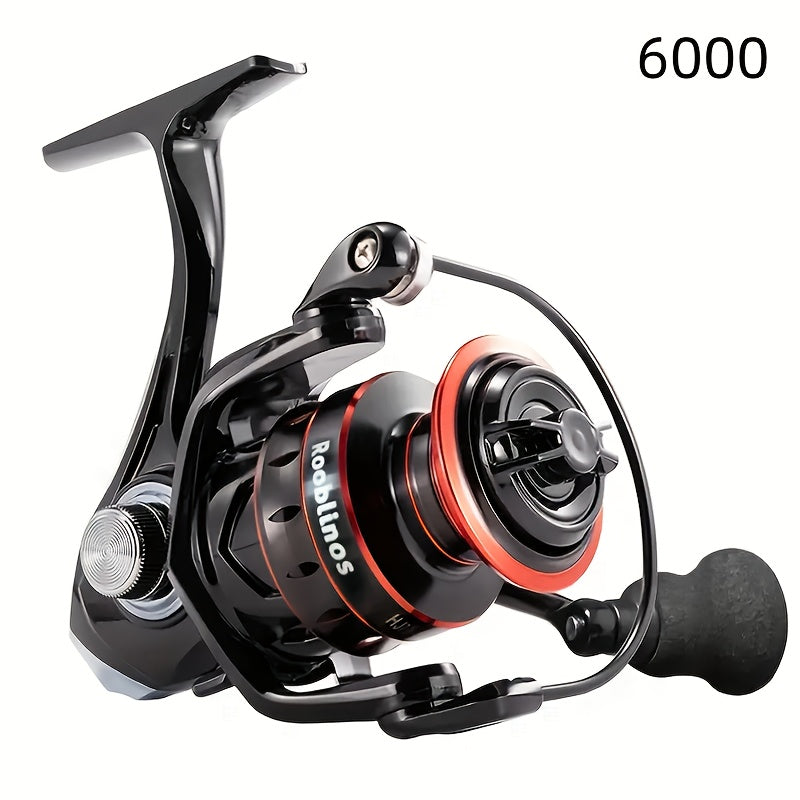 Rooblinos 17+1BBB spinning fishing reel features an ergonomic handle, durable nylon & metal construction, ambidextrous design, and is suitable for freshwater & saltwater fishing.