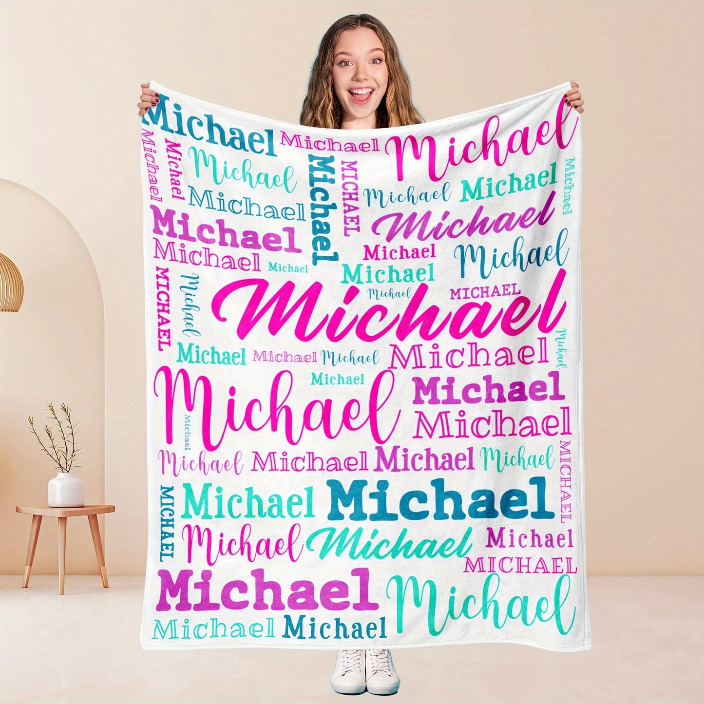 Personalized Big Name Blanket by QOGOER made from an ultra-soft 100% polyester flannel knit fabric, featuring high-quality digital printing in a mixed color design that is suitable for all seasons.