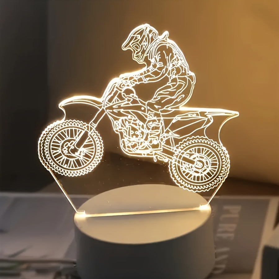 Geometric sports-themed LED night light for motocross enthusiasts with energy-efficient USB power supply for multiple settings.