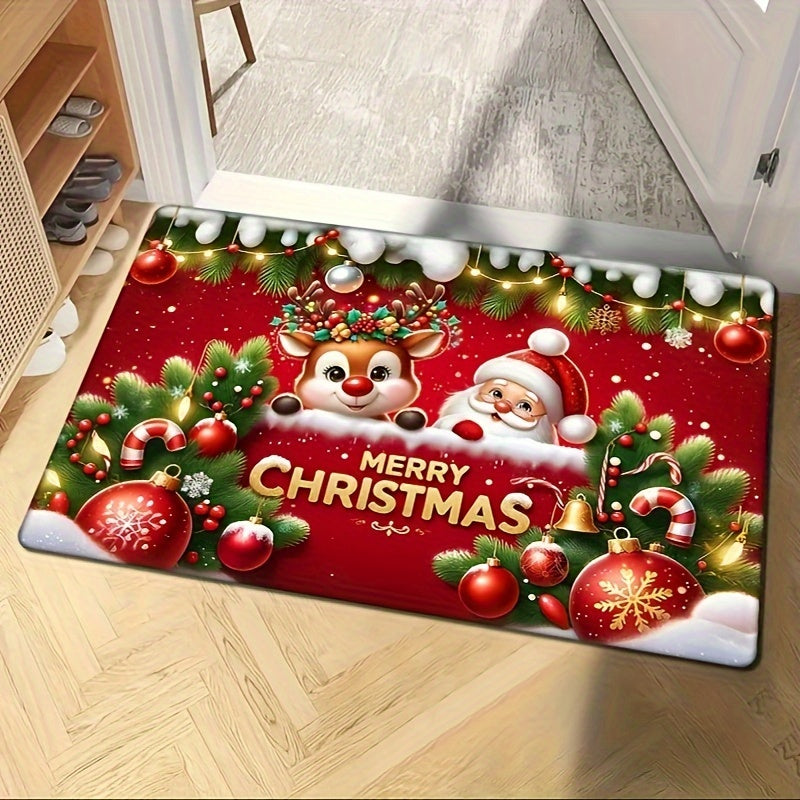 Get into the holiday spirit with this festive red flannel Christmas carpet featuring a non-slip Santa Claus and reindeer pattern. This thickened sponge carpet is perfect for adding a touch of Christmas cheer to your home decor. Use it as a door mat