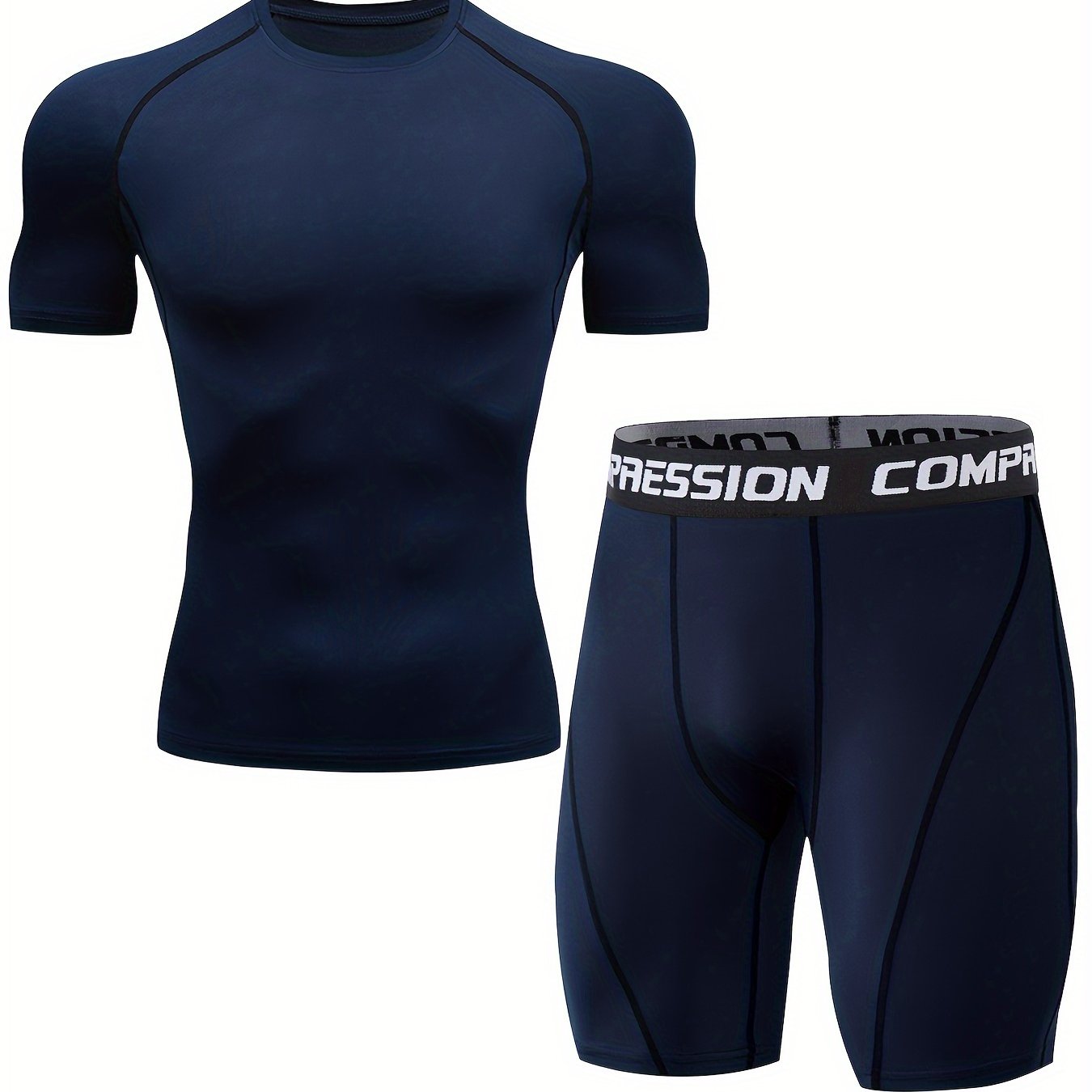 Men's sports running set includes skin-tight quick dry short sleeve compression shirt and shorts for gym and yoga.