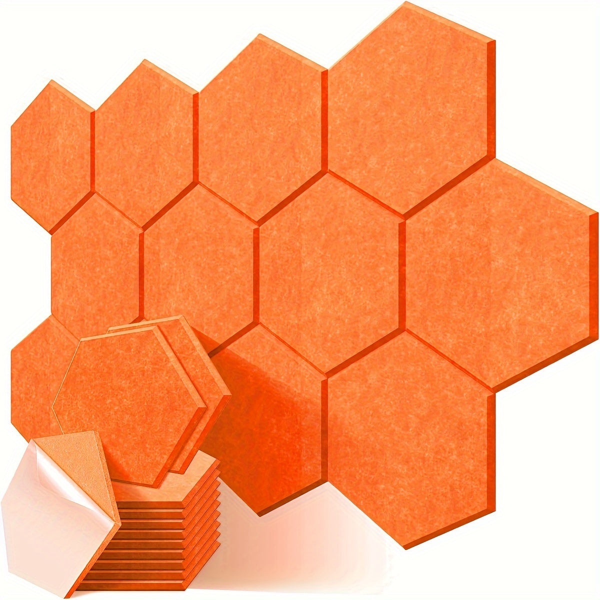 12-pack of hexagonal soundproof foam panels with self-adhesive backing, flame retardant properties, and dimensions of 30.48cm x 25.4cm x 1.02cm. Ideal for noise reduction and echo