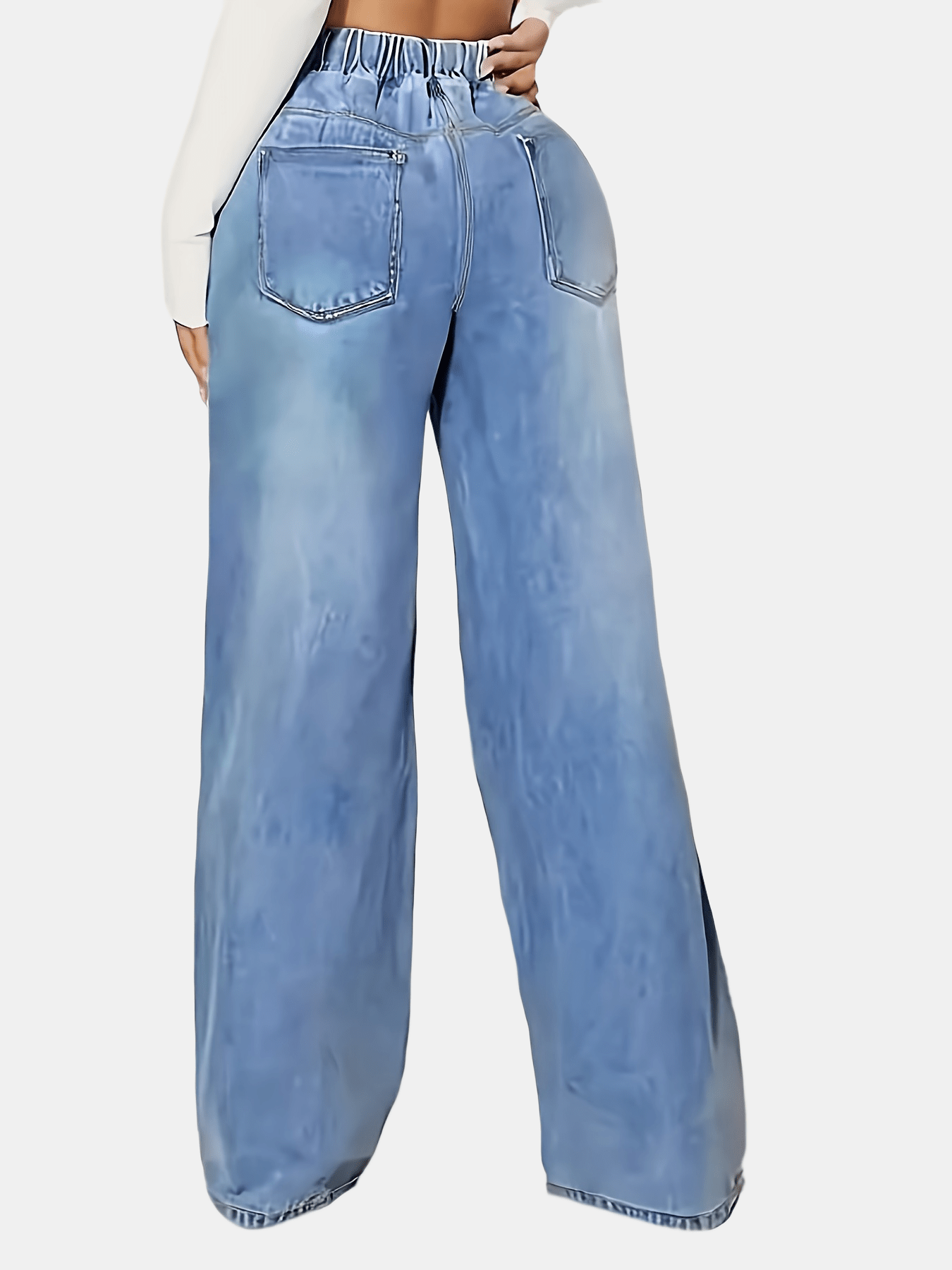 Women's light blue elastic waist drawstring washed stretchy straight-leg wide-leg jeans with slant pockets.