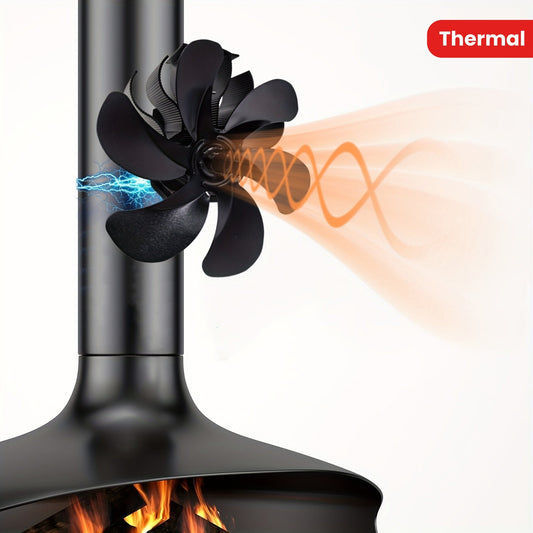 Wood stove fan with 6 blades, magnetic flue mount, and non-electric thermal design for gas and pellet burners - silently powered by heat.