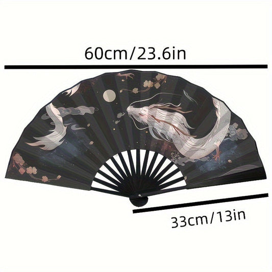 White Dragon Folding Fan - Elegant Chinese Design, Silky Fabric, Perfect for Men's Hanfu and Summer Must-Haves