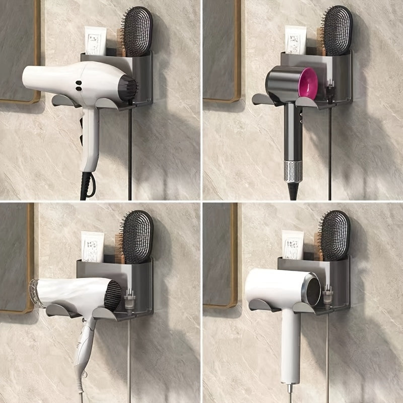 Wall-mounted bathroom organizer rack with multiple functions including storage for hair dryer, combs, razors, and makeup. Features a smartphone holder and durable plastic construction. No drilling required. Great Christmas/Halloween gift for home