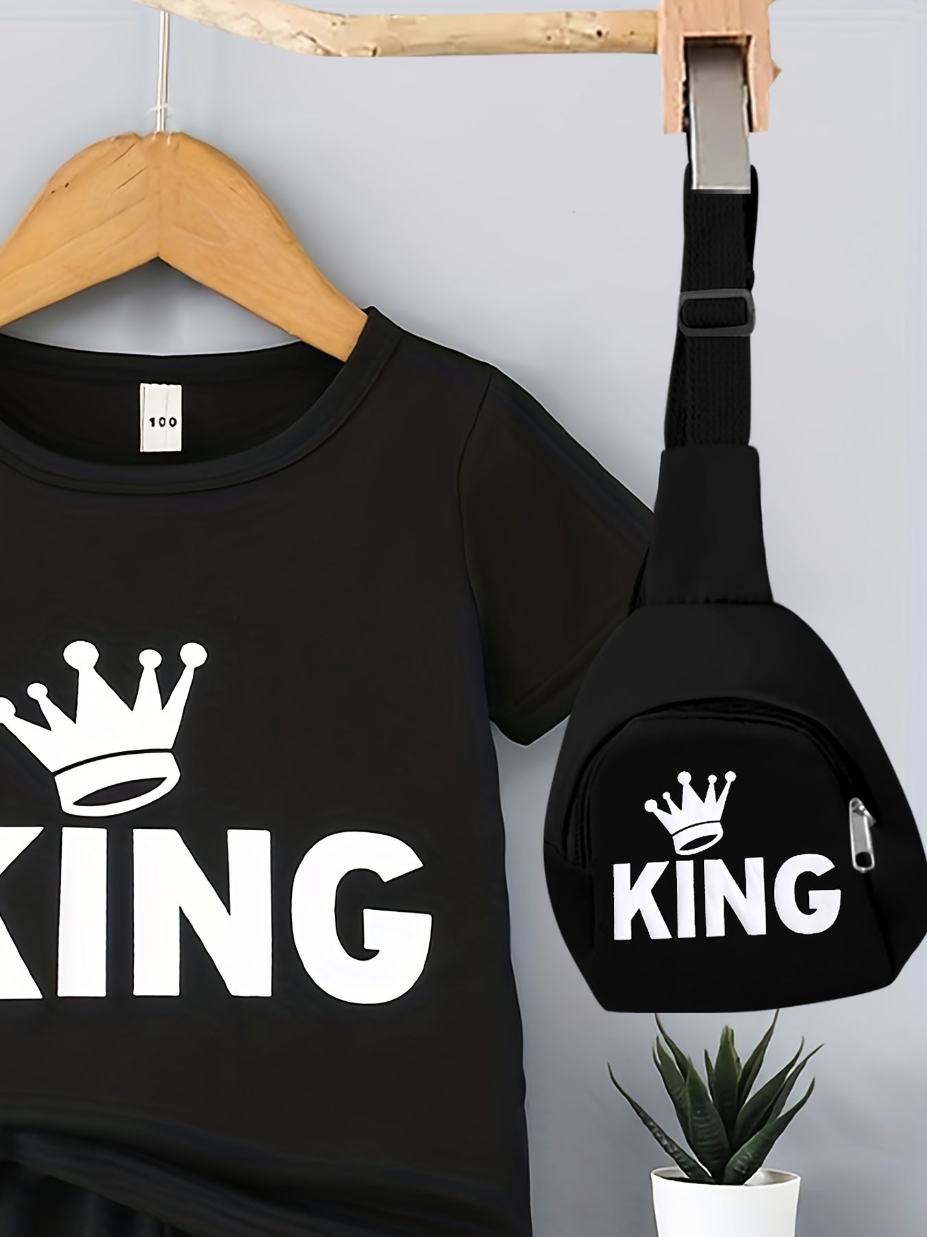 Boys' "KING" Crown Print Casual Outfit Set in Black - includes T-shirt, shorts, and crossbody bag. Made of 100% polyester, machine washable. Ideal for spring/summer, outdoor activities.