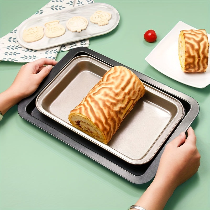 Golden rectangular non-stick baking pans, set of 1 or 2, for bread, cake, pizza, cookies, eclair, toast, and more. Made of food-grade materials.