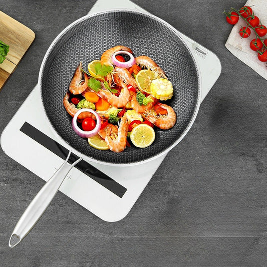 Stainless Steel Wok with Honeycomb Pattern, Non-Stick and Scratch-Resistant Coating, Ideal for Stir-Frying on Gas and Induction Cooktops