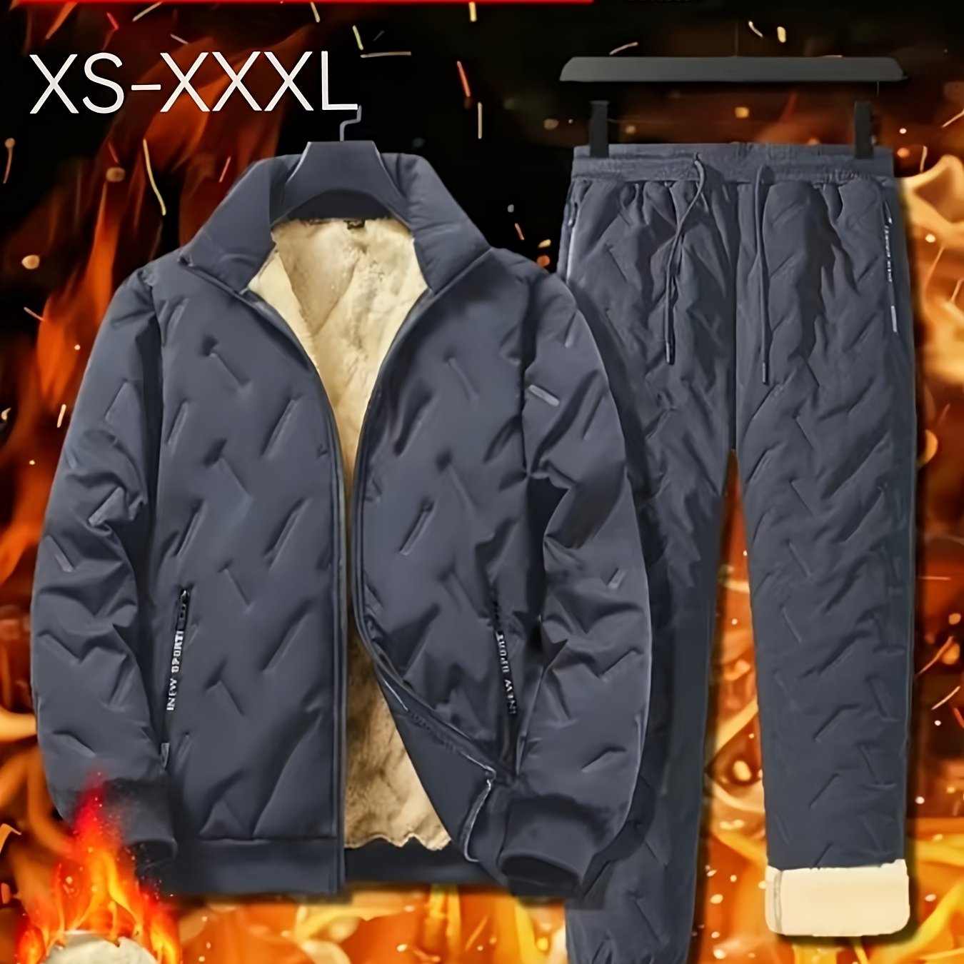 Men's casual sportswear set featuring velvet-lined polyester with stand collar, pockets, long sleeve zip-up jacket, and joggers for fall/winter season.