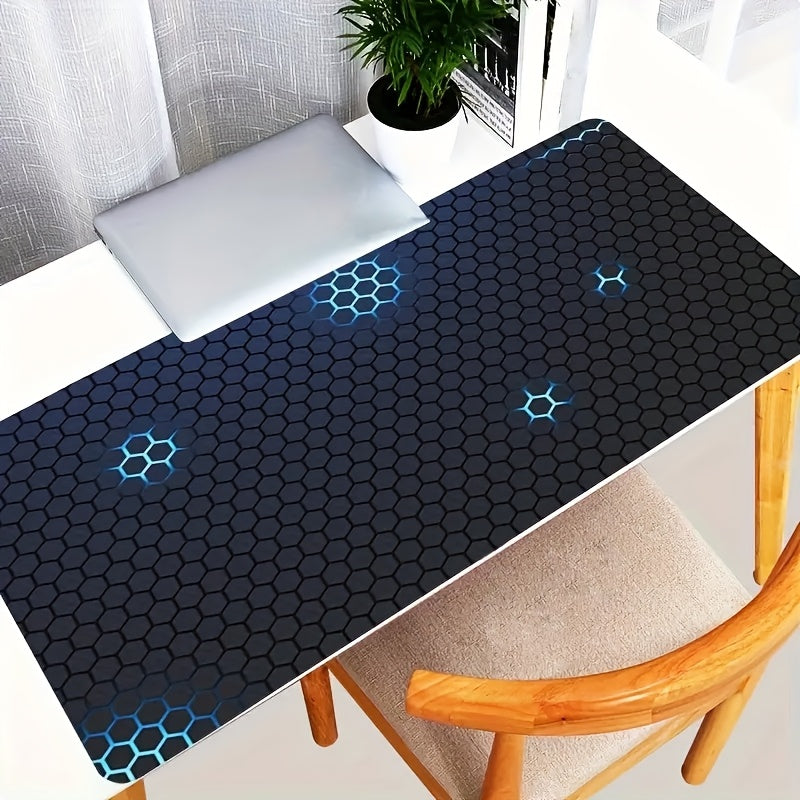 Large hexagonal honeycomb pattern mouse pad with non-slip surface, suitable for gaming, office work, and travel. Features abstract art design and made of polyester, ideal for esports.