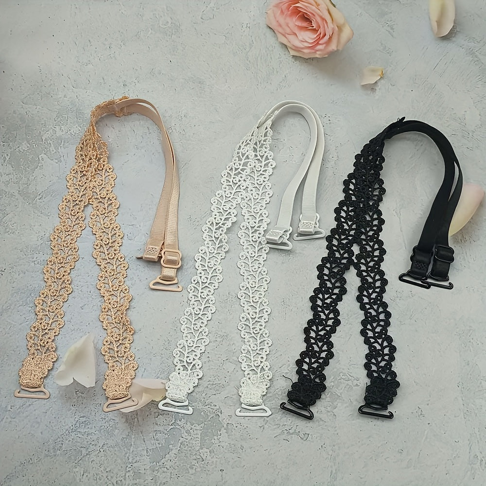 Floral bra straps in beige, white, and black with metal clasps, adjustable and made of polyester fabric; women's fashion accessory for lingerie.