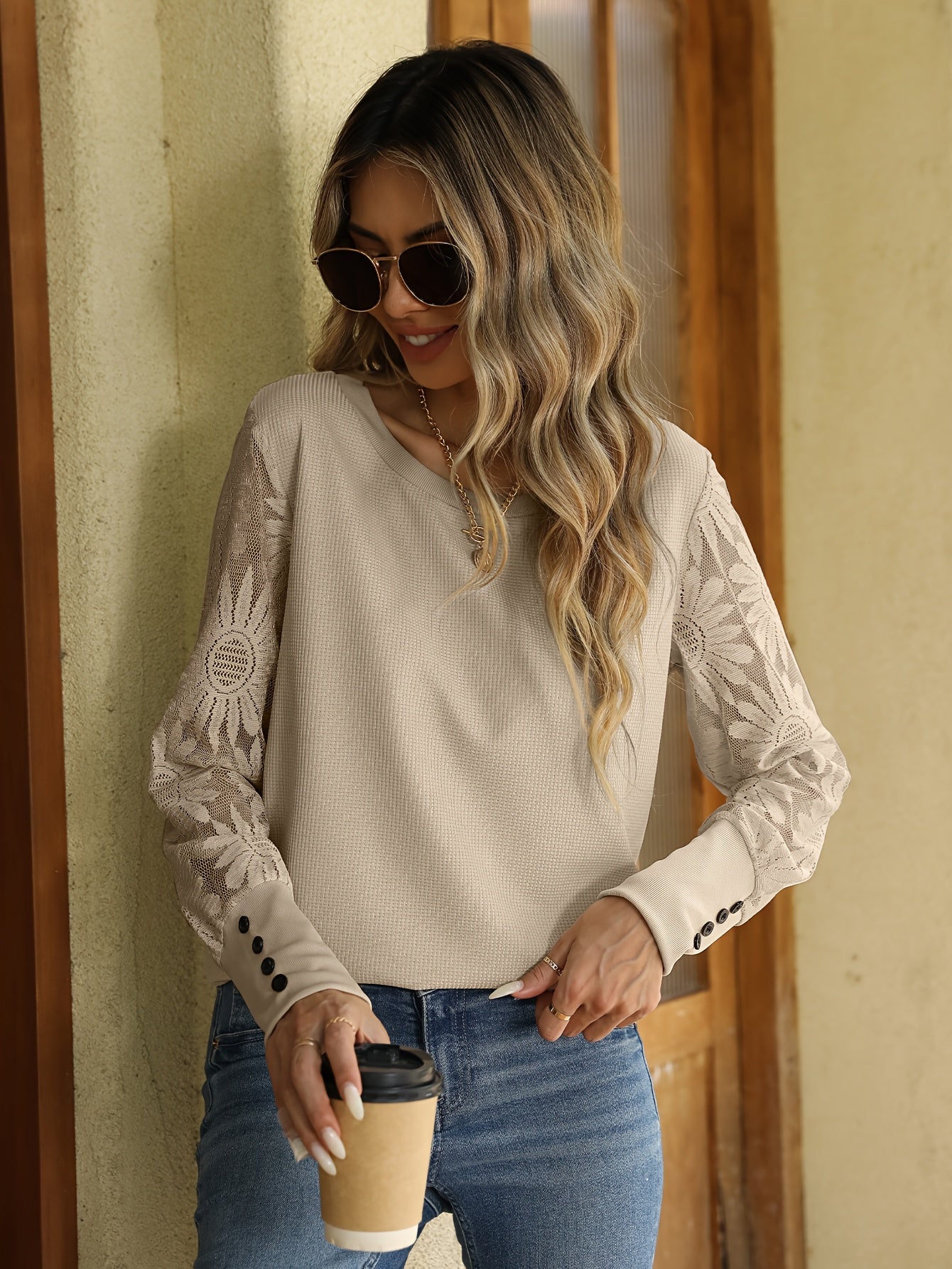 Elegant lace spliced T-shirt for women ideal for spring and fall.