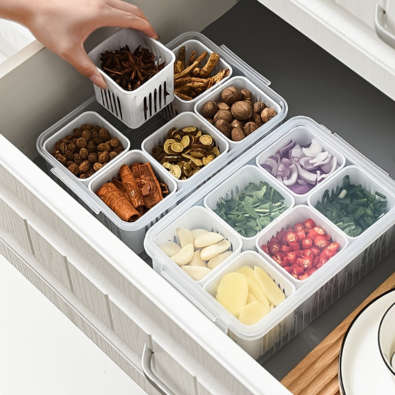 Kitchen Scallion Storage Box with 6 compartments for scallions, ginger, garlic, and other fresh ingredients. The box is designed to keep your fruits and vegetables fresh in the refrigerator, with a built-in drain feature for easy cleaning.