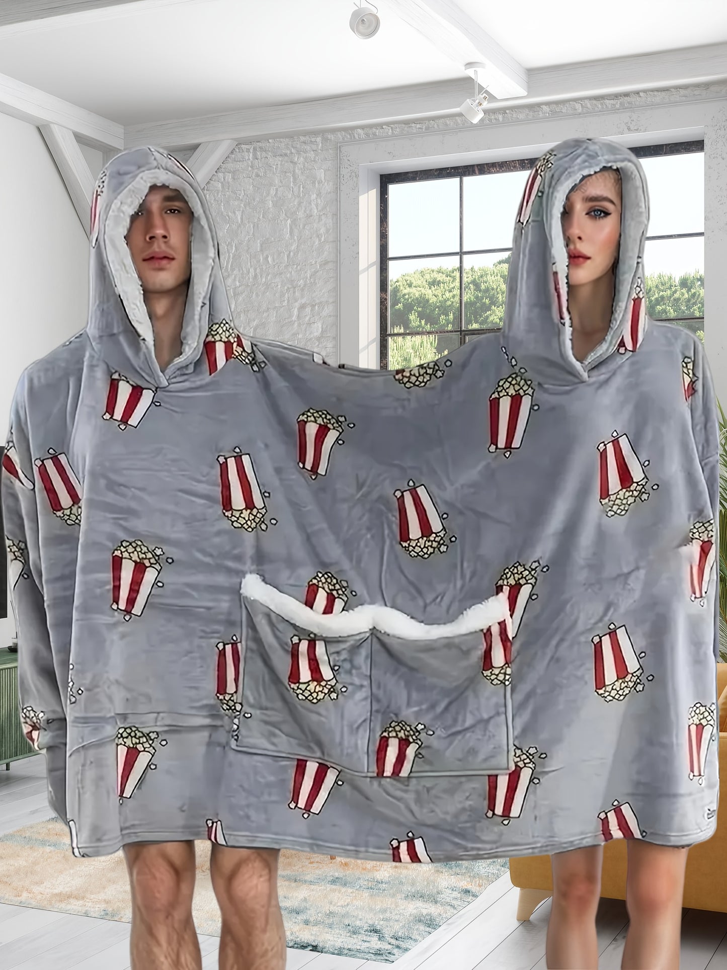 Gray popcorn novelty couple hooded sweatshirt for home sleepwear.