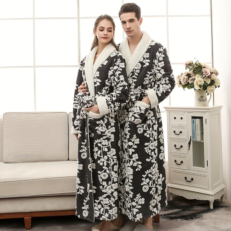 1pc Unisex Thickened Long Bathrobe with Flower Pattern, Ideal for Couples. Ideal for Home and Bathroom use.