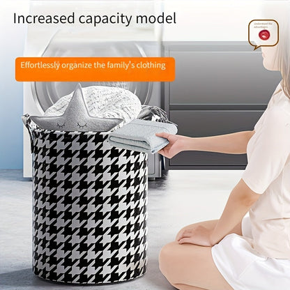 Large-capacity, foldable laundry basket made of non-woven houndstooth fabric. Perfect for organizing clothes and toys, this moisture-proof storage hamper can be used in the bedroom, bathroom, and even for moving and packing purposes.