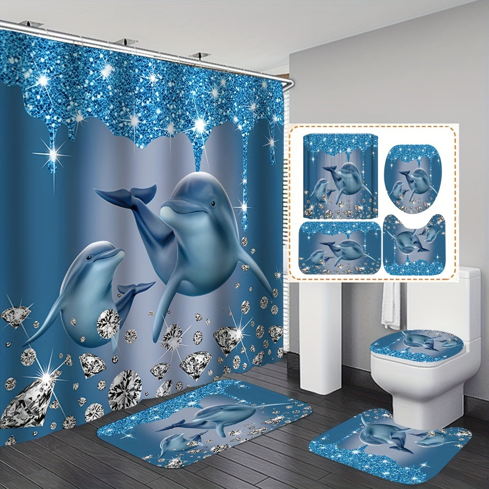 Ocean Dolphin Shower Curtain Set with 3D printed cartoon design, made of twill weave polyester fabric. Includes non-slip washable bath mat, toilet cover, and twist top with hooks. Suitable