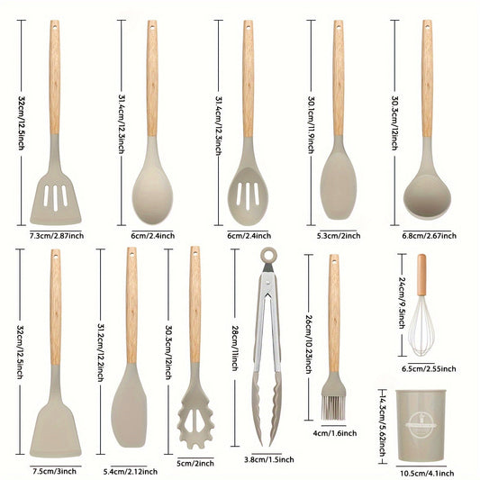 Set of 12 Silicone Kitchen Utensils with Wooden Handles - Non-Stick and Washable Cooking Tools for Safe and Modern Cooking. Complete Set of Kitchen Gadgets and Essentials for your Kitchen.