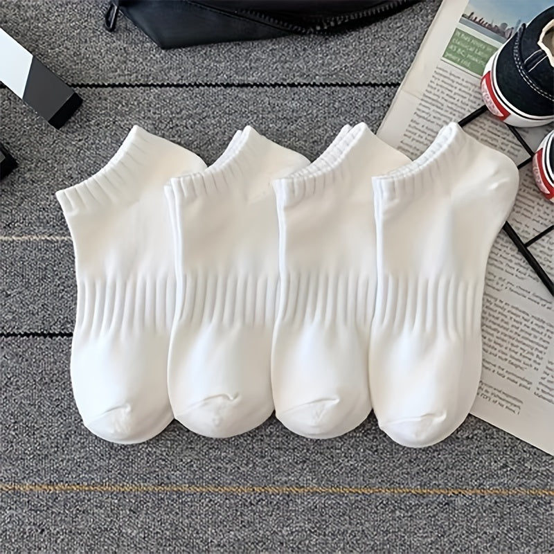 4 White Mid-Calf Socks: Soft, Stretchy Polyester Blend, Breathable Knit for Sports & Casual Wear, Ideal for Couples Matching