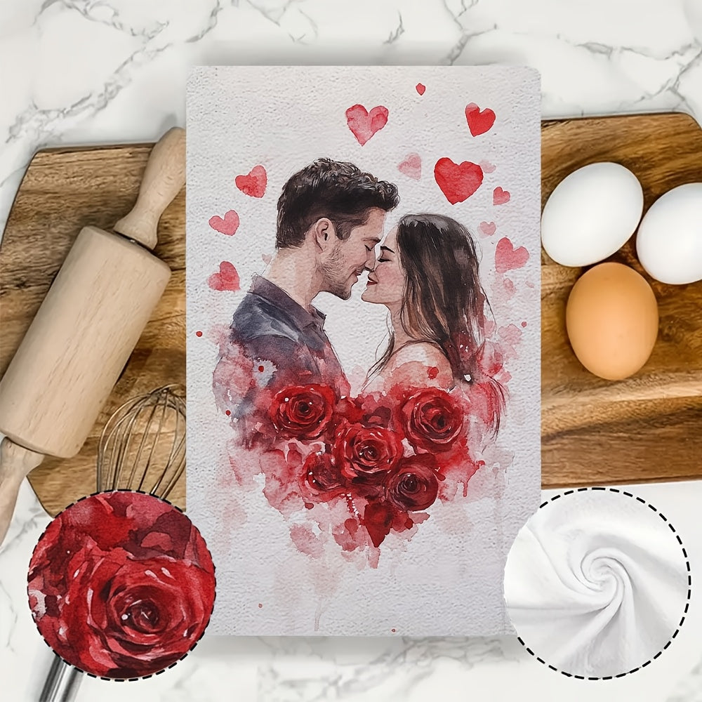 Two Romantic Valentine's Day Kitchen Towels - These ultra soft and highly absorbent polyester dish hand towels measure 40.64x60.96 cm. They feature an embracing couple and red roses design, perfect for holiday decor. These machine washable dish towels