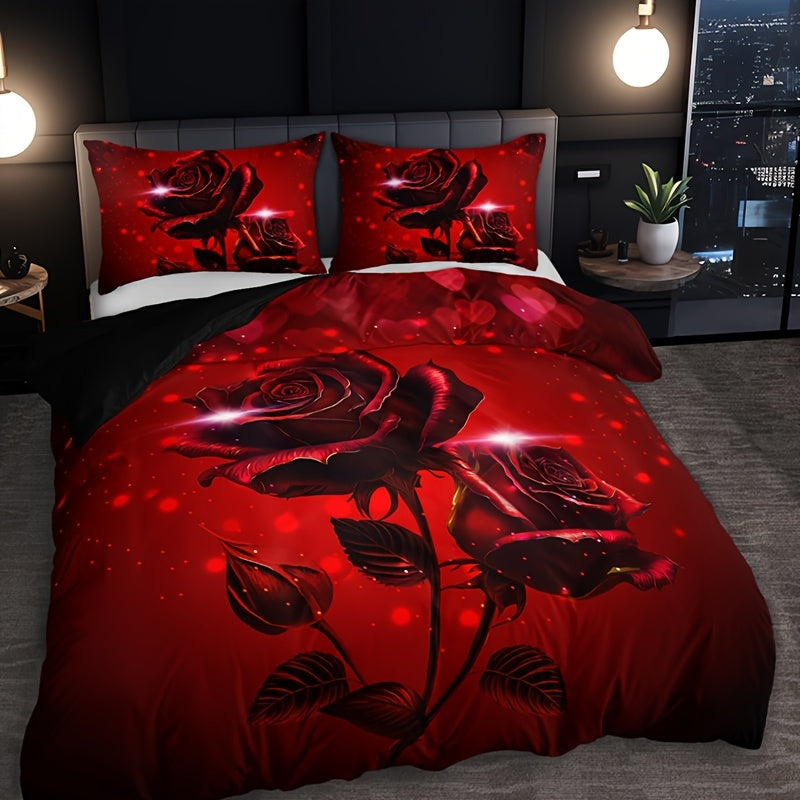 Red Rose Print Duvet Cover Set - Includes 1 Duvet Cover & 2 Pillowcases, Made from Breathable Polyester, Easy to Clean in the Washing Machine - Ideal for Use All Year Round