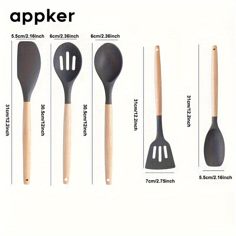 Appker's 5-piece Silicone Kitchen Utensil Set features Non-Stick, Safe Cooking Tools with Wooden Handles. Washable and Modern, this set is Perfect for Home Chefs.